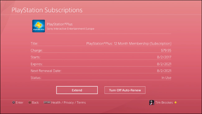 O menu de status "Assinaturas de PlayStation" no Playstation 4.