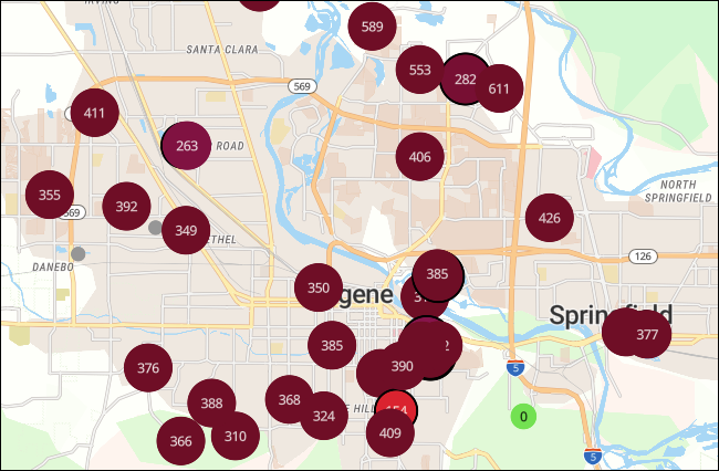 Medições AQI em um mapa PurpleAir para Eugene, OR.