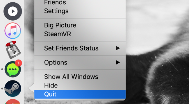 A opção "Sair" do Steam no macOS.