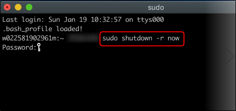 O comando "sudo shutdown -r <time>" em uma janela de terminal.