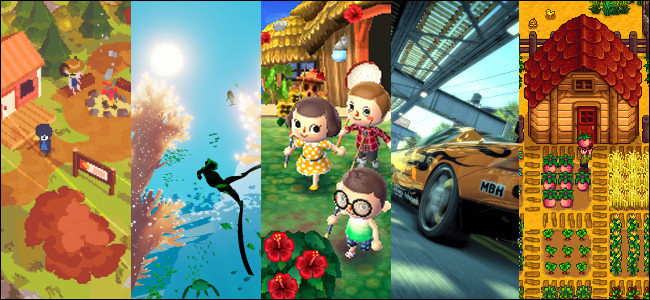 Personagens em pé ao lado de uma fogueira em frente a uma cabana em "A Short Hike";  Um mergulhador nadando logo abaixo da superfície do oceano em "Abzû";  Quatro personagens em frente a uma casa de praia em "Animal Crossing: New Leaf";  Um carro esporte amarelo passando sob um viaduto em "Burnout Paradise Remastered";  Uma fazenda em "Stardew Valley";