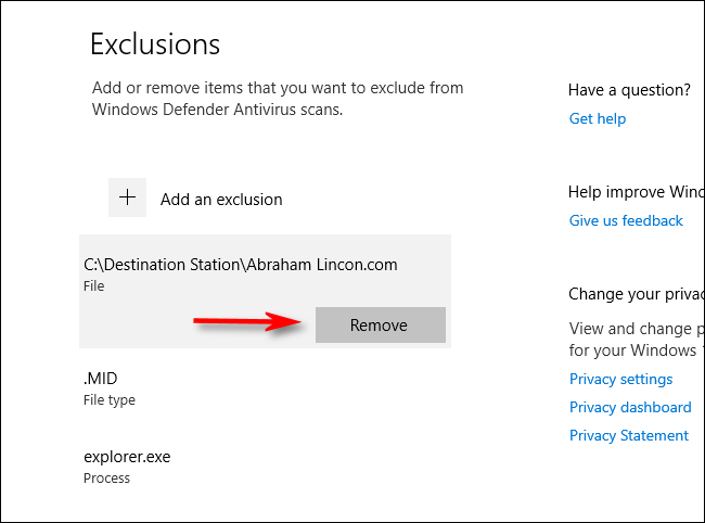 Remover uma exclusão das configurações de verificação do Windows Defender no Windows 10