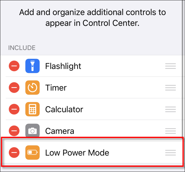 Remova o modo de baixo consumo do Control Center iOS