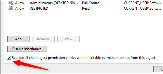 Marque a caixa ao lado de "Substituir todas as entradas de permissão do objeto filho por entradas de permissão herdáveis ​​deste objeto".
