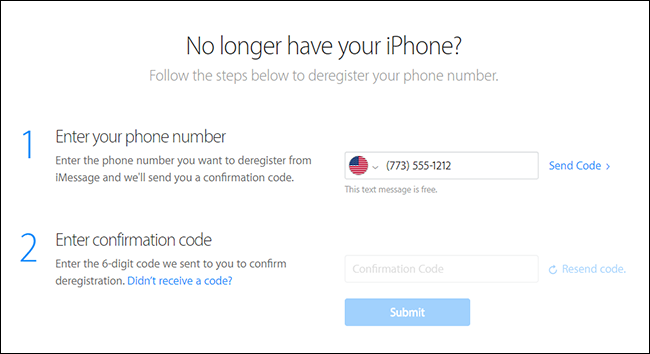 Digite seu número de telefone e código de confirmação no site de autoajuda da Apple para cancelar o registro do iMessage.