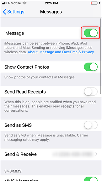 Desative o botão de alternância ao lado de iMessage.