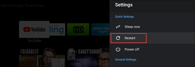 reinicialização da tv android nas configurações rápidas