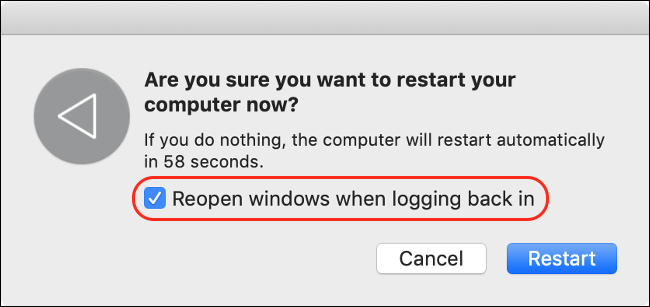 A opção "Reabrir o Windows ao fazer login".