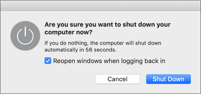 A mensagem "Tem certeza de que deseja desligar o computador agora?"  pop-up no macOS.