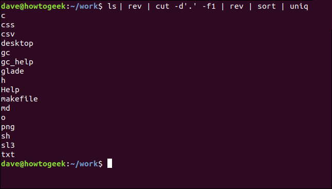 "ls | rev | cut -d '.'  -f1 | rev | sort | uniq "em uma janela de terminal.