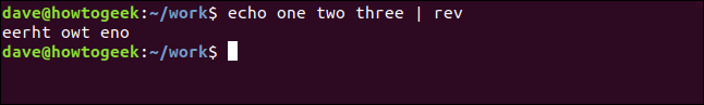 "echo one two three | rev" em uma janela de terminal.