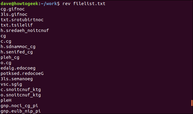 "rev filelist.txt" em uma janela de terminal.
