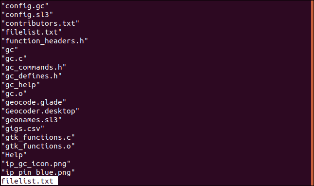 Conteúdo de filenames.txt em menos em uma janela de terminal.