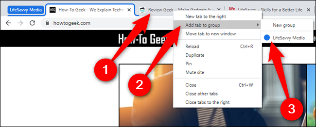 Clique com o botão direito em uma nova guia, passe o mouse sobre "Adicionar guia ao grupo" e selecione um grupo