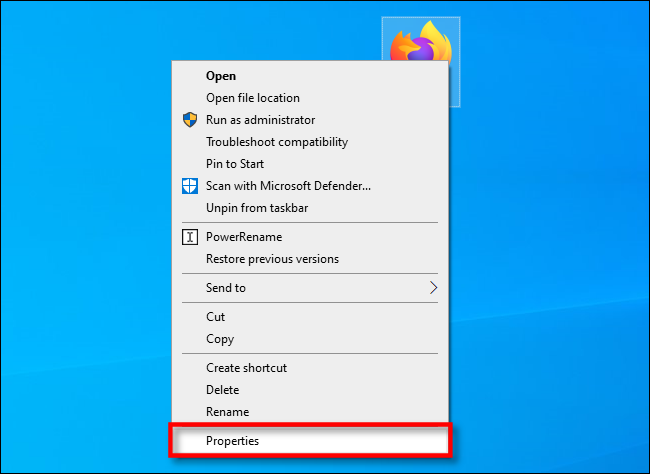 No Windows 10, clique com o botão direito em um atalho na área de trabalho e selecione “Propriedades”.