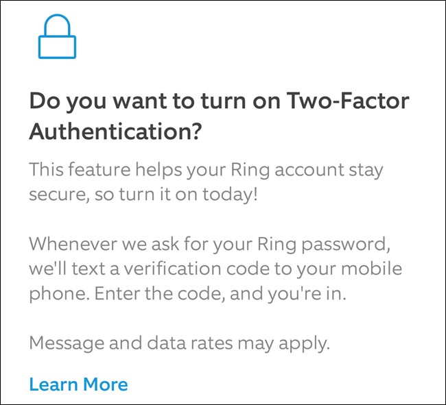 Ring App Leia sobre 2FA e clique em Turn on Two-Factor Button