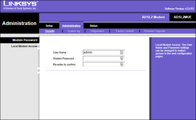 Página de alteração de senha do roteador LINKSYS