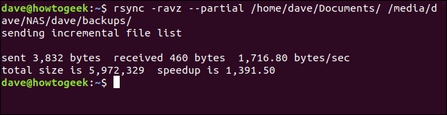 saída do rsync sem arquivos para transferir em uma janela de terminal