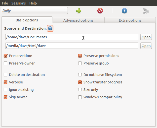 Uma das caixas de diálogo de configurações do Grsync,