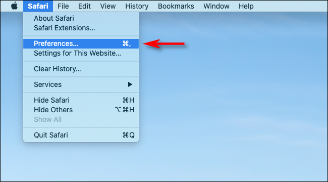 Clique em Preferências na barra de menu do Safari no Mac