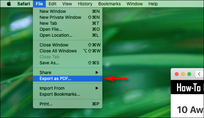 Clique em Arquivo> Exportar como PDF no Safari no Mac