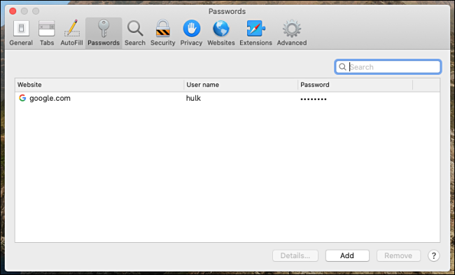 Uma lista de senhas armazenadas no Safari para Mac