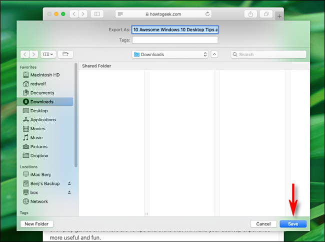 Escolha um local para salvar o PDF no Safari no Mac