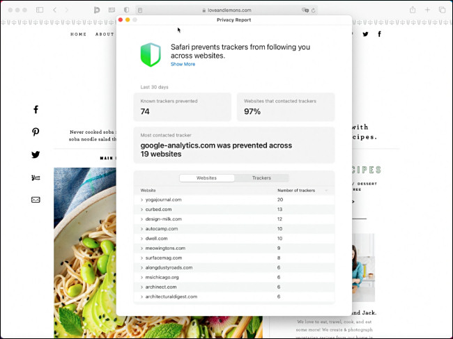 Relatório de privacidade do Apple Safari no macOS 11.0 Big Sur