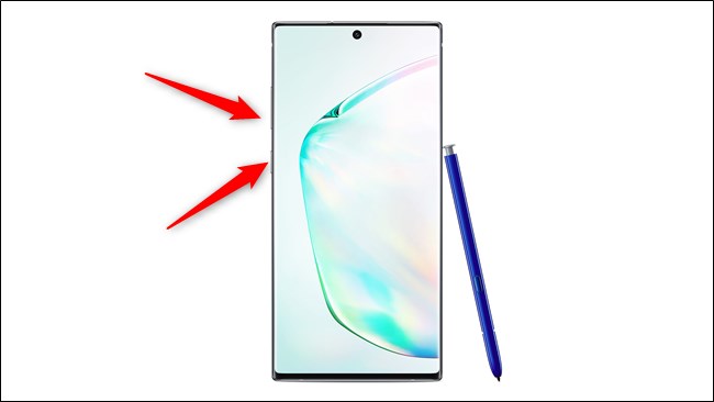 Samsung Galaxy Note 10 e 10 Plus Pressione os botões liga / desliga e diminuir volume