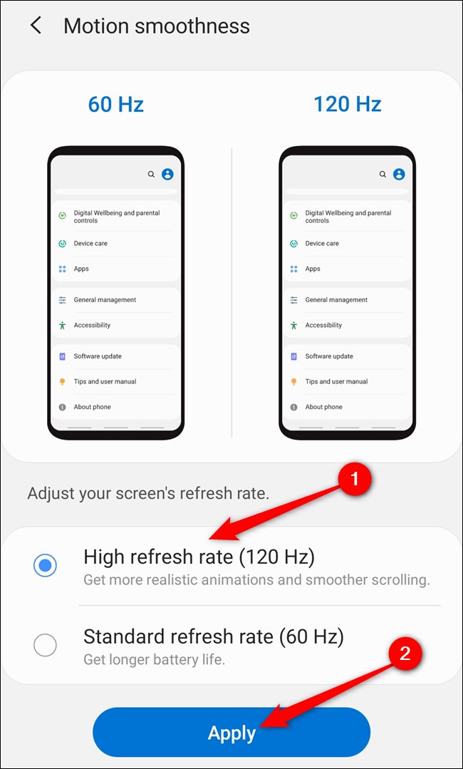 Samsung Galaxy S20 Selecione a opção "Alta taxa de atualização (120 Hz)" e toque no botão "Aplicar".