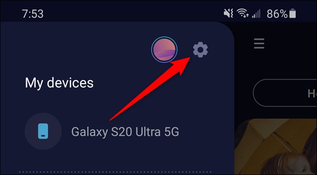 Samsung Galaxy S20 Selecione o ícone de engrenagem de configurações
