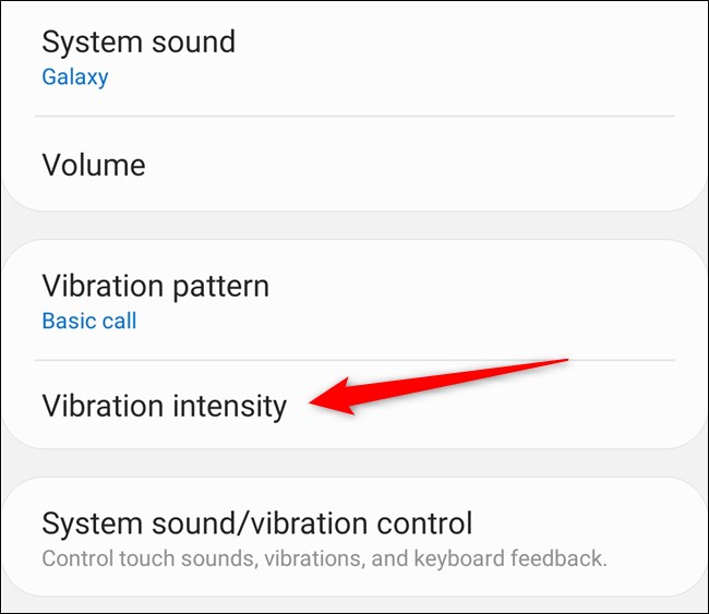 Samsung Galaxy S20 Selecione "Intensidade de vibração"