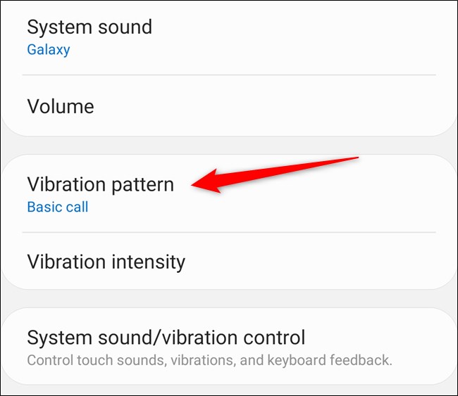 Samsung Galaxy S20 Selecione "Padrão de vibração"