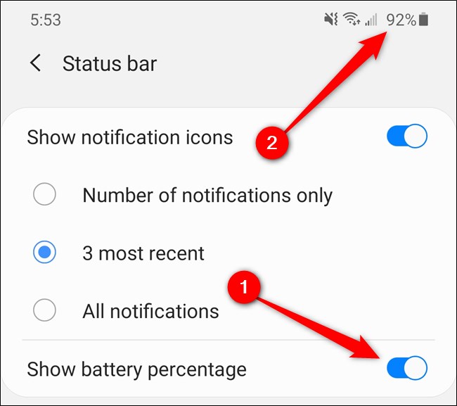 Samsung Galaxy S20 Toque no botão "Mostrar porcentagem da bateria"