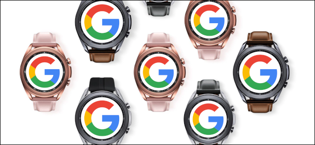Sete smartwatches Samsung Galaxy com o logotipo do Google em seus rostos.