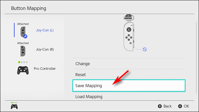 Selecione Salvar Mapeamento no Nintendo Switch