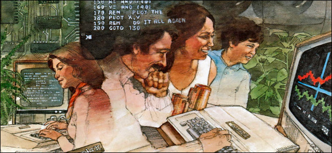 Uma ilustração de pessoas usando computadores Apple II do "Applesoft BASIC Manual" publicado em 1978.