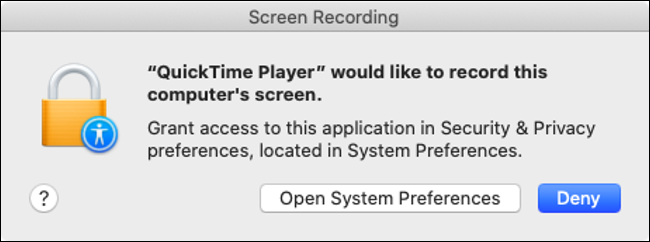 Aviso de permissão de gravação de tela do macOS Catalina