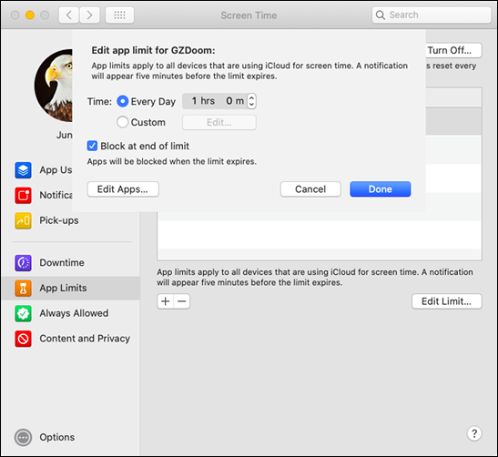 O menu "Edit App Limit" em um Mac.