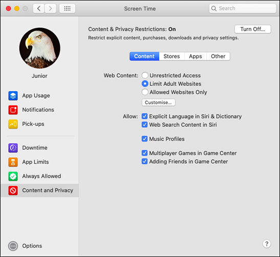 O menu "Conteúdo" em "Conteúdo e privacidade" em um Mac.