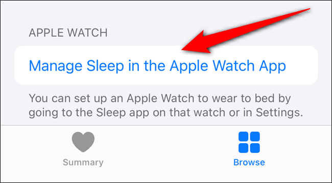 Toque em "Gerenciar sono no aplicativo Apple Watch".