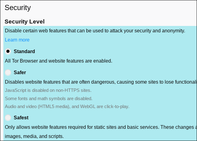 Configurações de segurança do navegador Tor