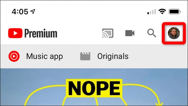 Selecione Avatar no canto superior direito do aplicativo do YouTube para celular