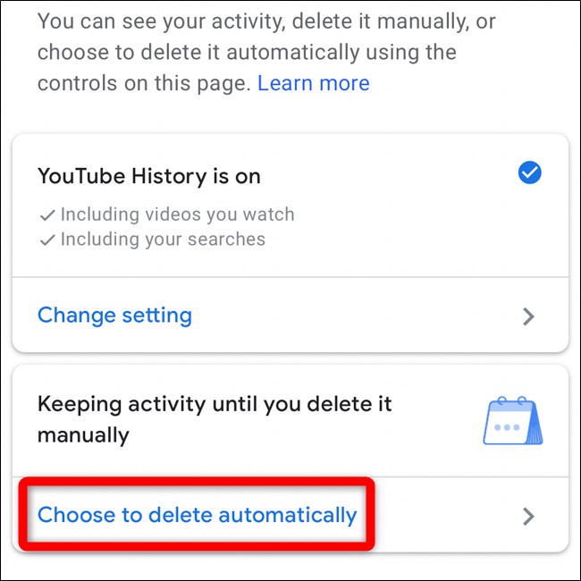 Selecione Escolher excluir automaticamente no aplicativo móvel do YouTube