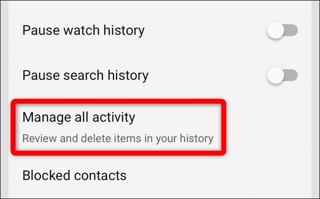 Selecione Gerenciar todas as atividades no aplicativo móvel do YouTube