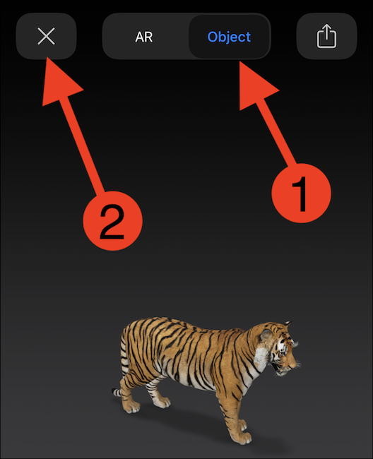 Toque em "Objeto" para ver sem a experiência AR ou "X" para sair do modo AR.