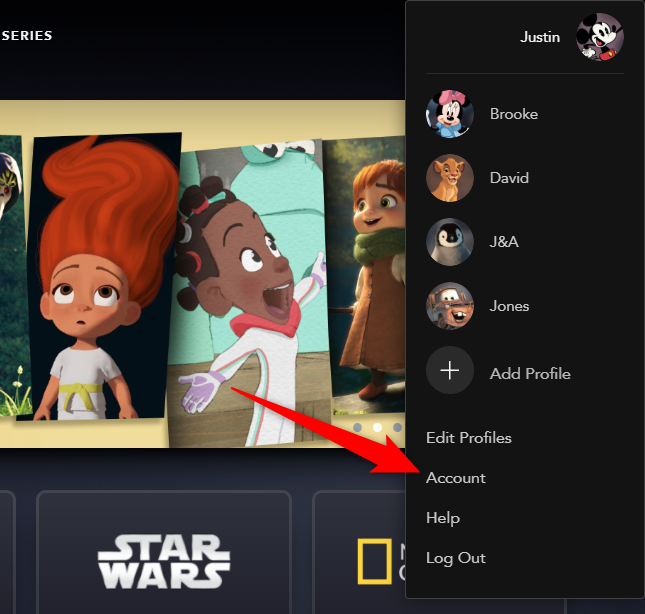 Selecione a opção "Conta" no menu Disney +