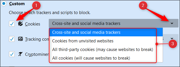 Selecione a caixa ao lado de "Cookies", clique na seta e selecione uma opção no menu suspenso.