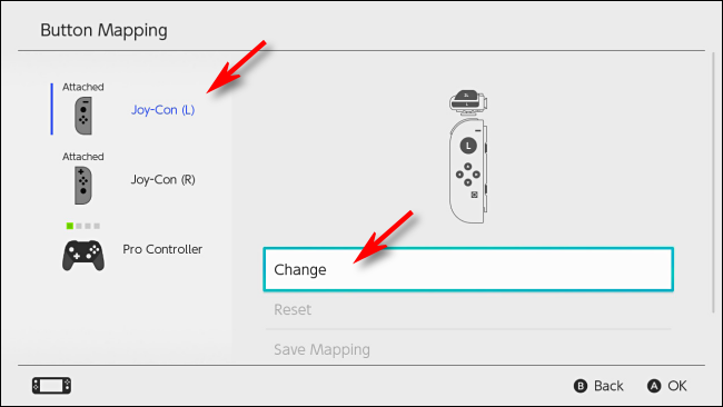 Selecione o controlador para alterar o mapeamento no Nintendo Switch