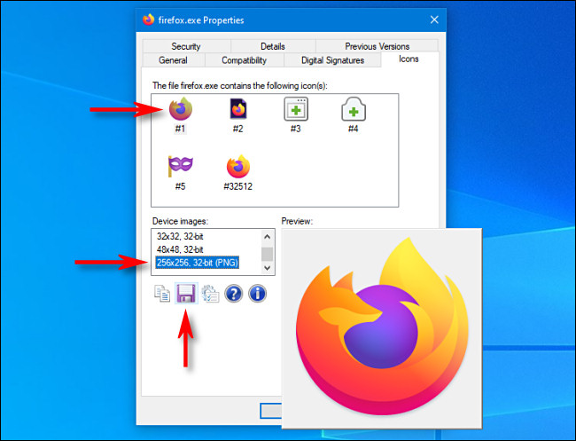 Na guia "Ícones" do IconViewer, selecione o ícone, selecione o tamanho do ícone e clique no ícone salvar.